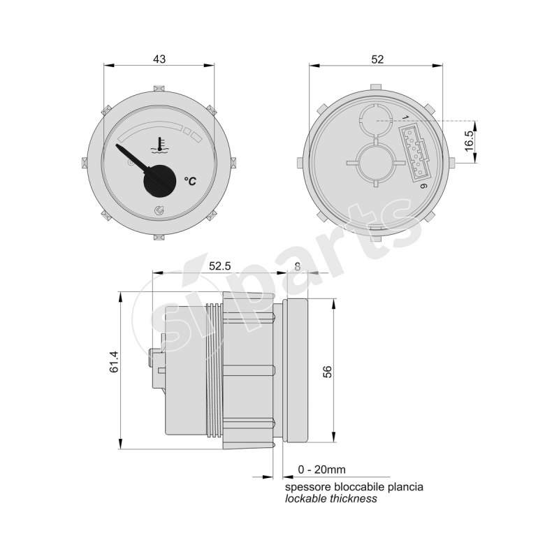 UNIDECK WATER THERMOMETER 40-120° 12V CONNECTORS + CHROME FRAME