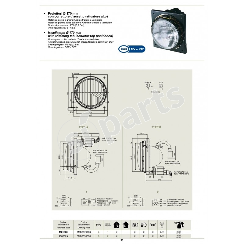 HEADLAMPS 170 MM WITH TRIMMING TAB (ACTUATOR TOP POSITIONED)